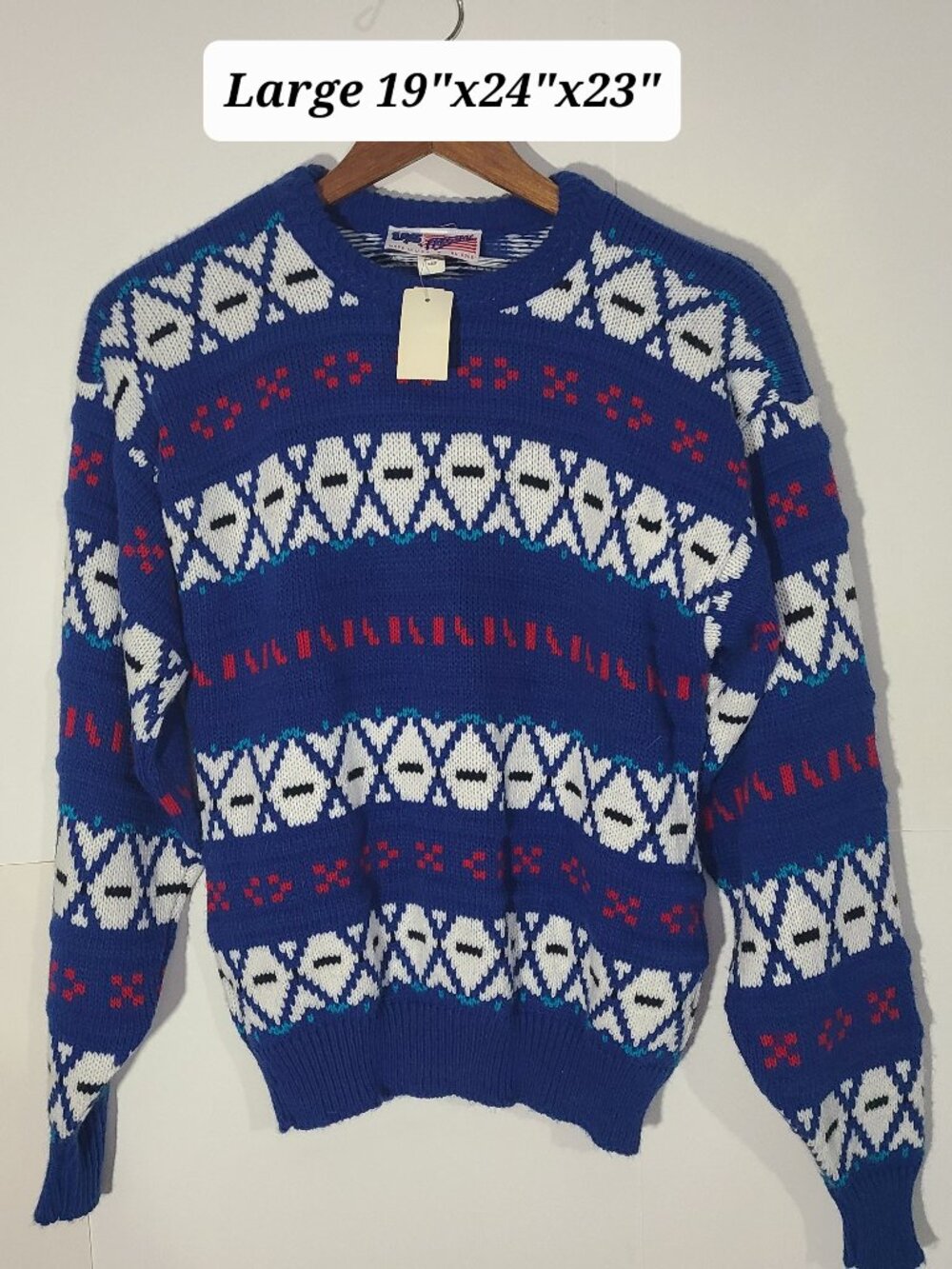 Vintage 80s US Freestyle Blue/Red/White Geometric Knit Large Sweater NOS MadeUSA